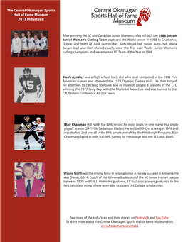 The Central Okanagan Sports Hall of Fame Museum 2013 Inductees