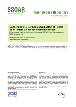 On the Future Role of Kaliningrad Oblast of Russia As An" International
