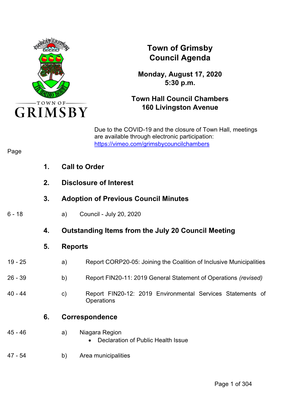 Town of Grimsby Council Agenda