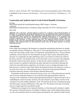 Corporatism and 'Political Context' in the Federal Republic of Germany