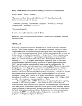 Early–Middle Pleistocene Transitions: Linking Terrestrial and Marine Realms Martin J. Head , Philip L. Gibbard Department of E