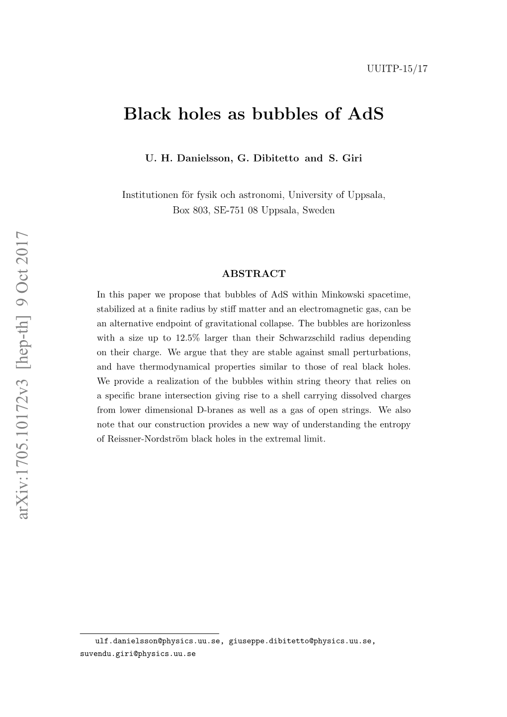 Black Holes As Bubbles of Ads Arxiv:1705.10172V3 [Hep-Th] 9 Oct