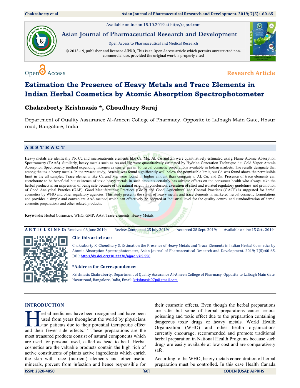 Estimation the Presence of Heavy Metals and Trace Elements in Indian Herbal Cosmetics by Atomic Absorption Spectrophotometer