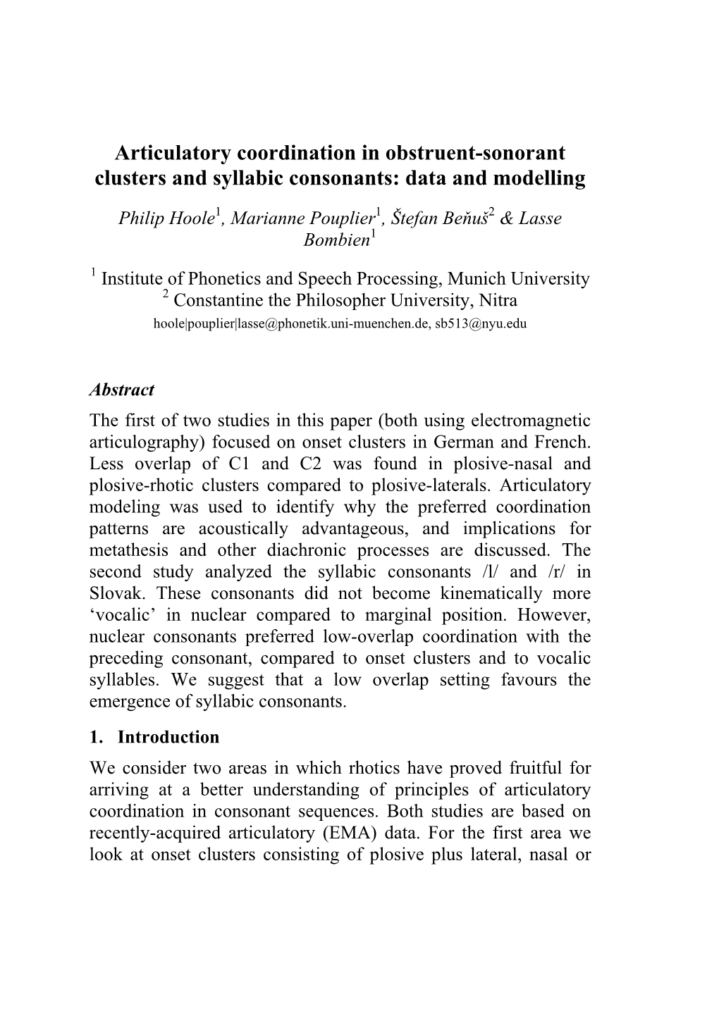 Articulatory Coordination in Obstruent-Sonorant Clusters and Syllabic Consonants: Data and Modelling