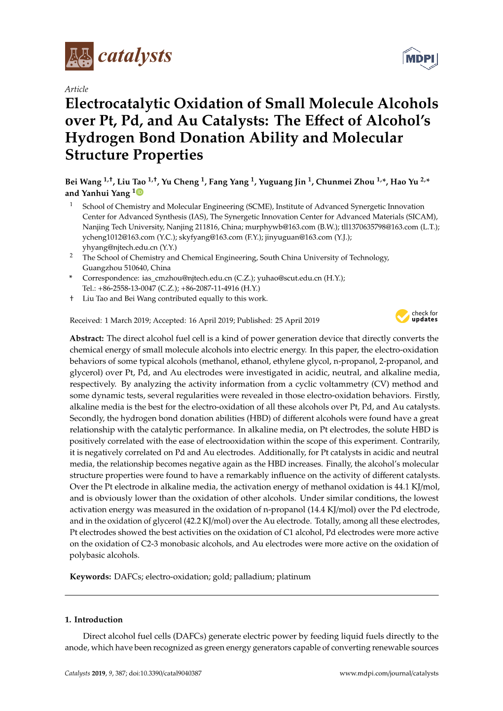 Electrocatalytic Oxidation of Small Molecule Alcohols Over Pt