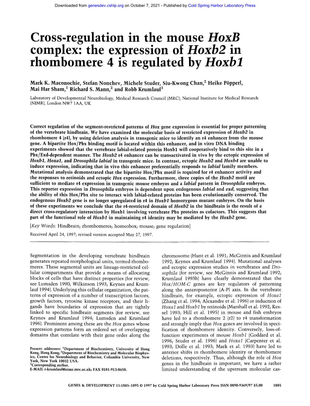 The Expression of Hoxb2 in Rhombomere 4 Is Regulated by Hoxbl