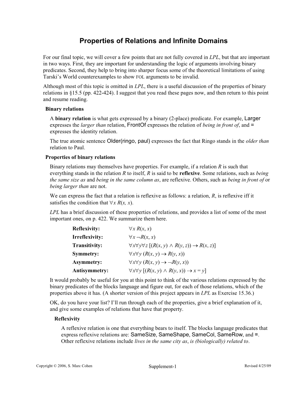 Properties of Relations and Infinite Domains