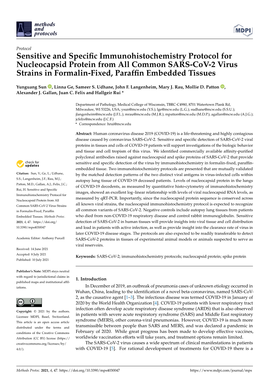 Sensitive and Specific Immunohistochemistry Protocol for Nucleocapsid Protein from All Common SARS-Cov-2 Virus Strains in Formal