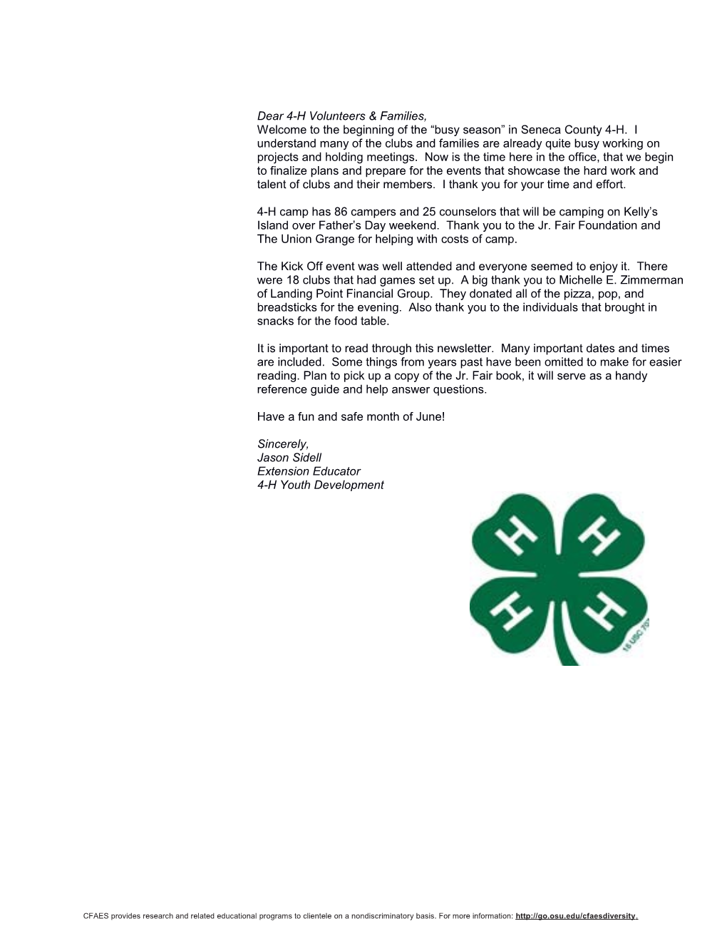 Dear 4-H Volunteers & Families