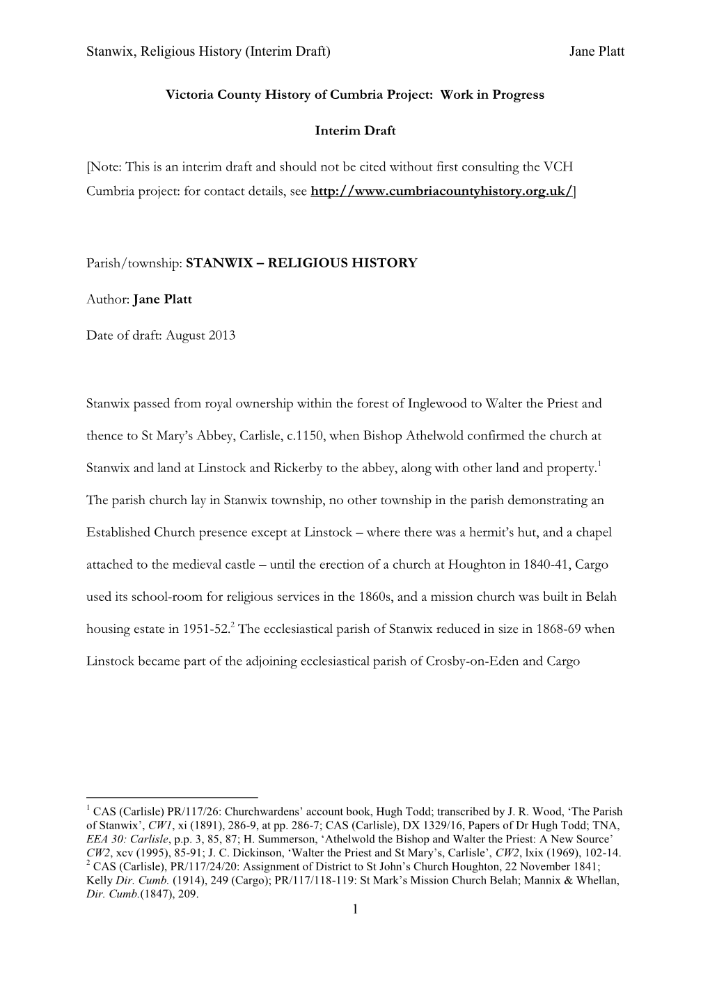 Stanwix, Religious History (Interim Draft) Jane Platt