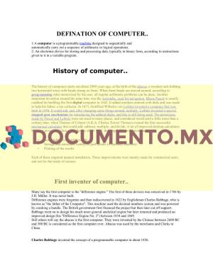 DEFINATION of COMPUTER.. History of Computer.. First Inventer of Computer