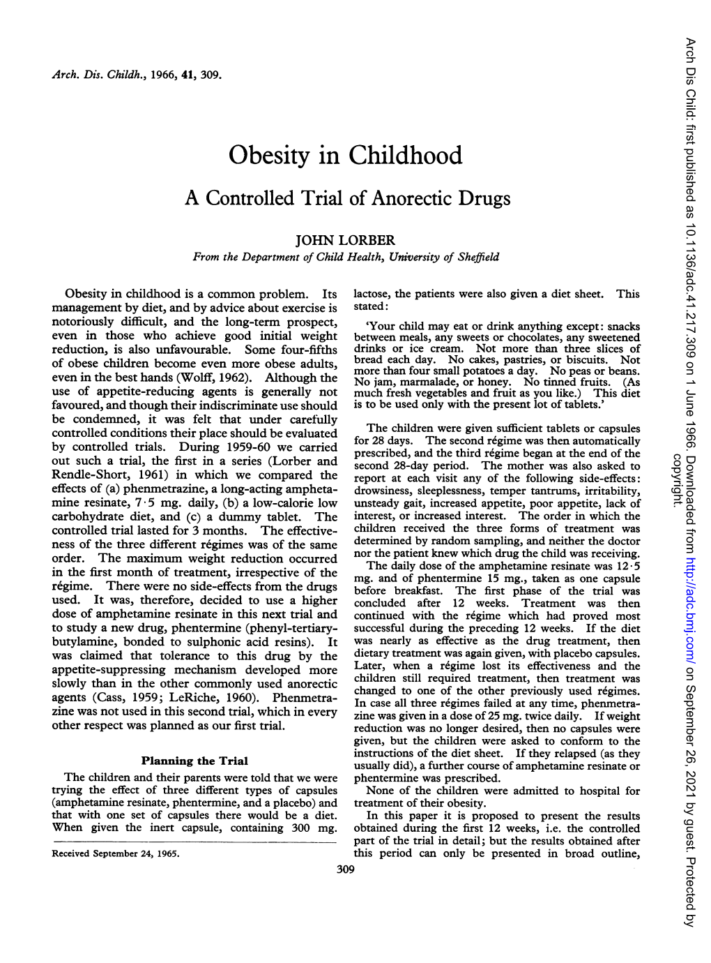 Obesity in Childhood a Controlled Trial of Anorectic Drugs