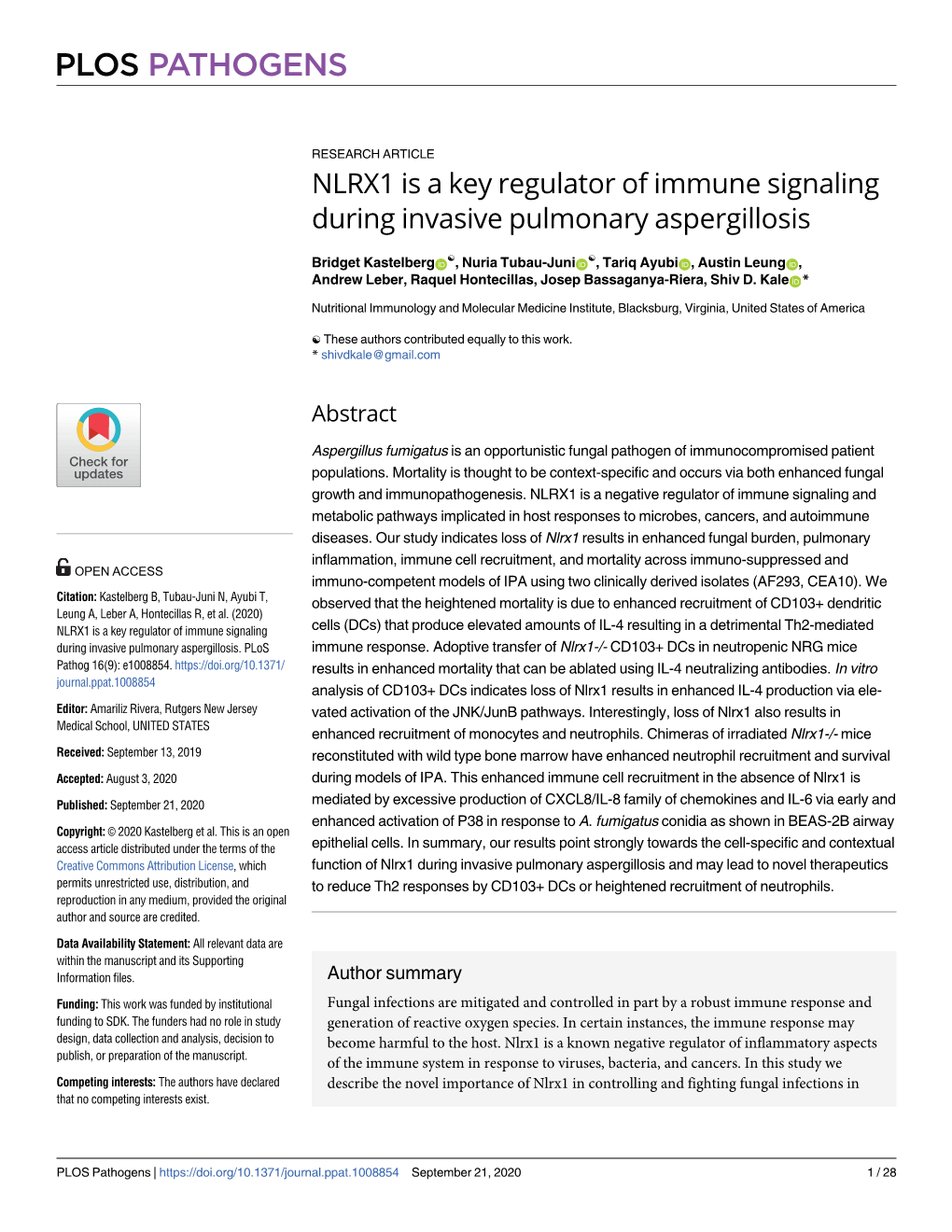 NLRX1 Is a Key Regulator of Immune Signaling During Invasive Pulmonary Aspergillosis