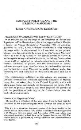 SOCIALIST POLITICS and the 'CRISIS of MARXISM'* Elmar