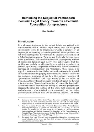 Rethinking the Subject of Postmodern Feminist Legal Theory: Towards a Feminist Foucaultian Jurisprudence