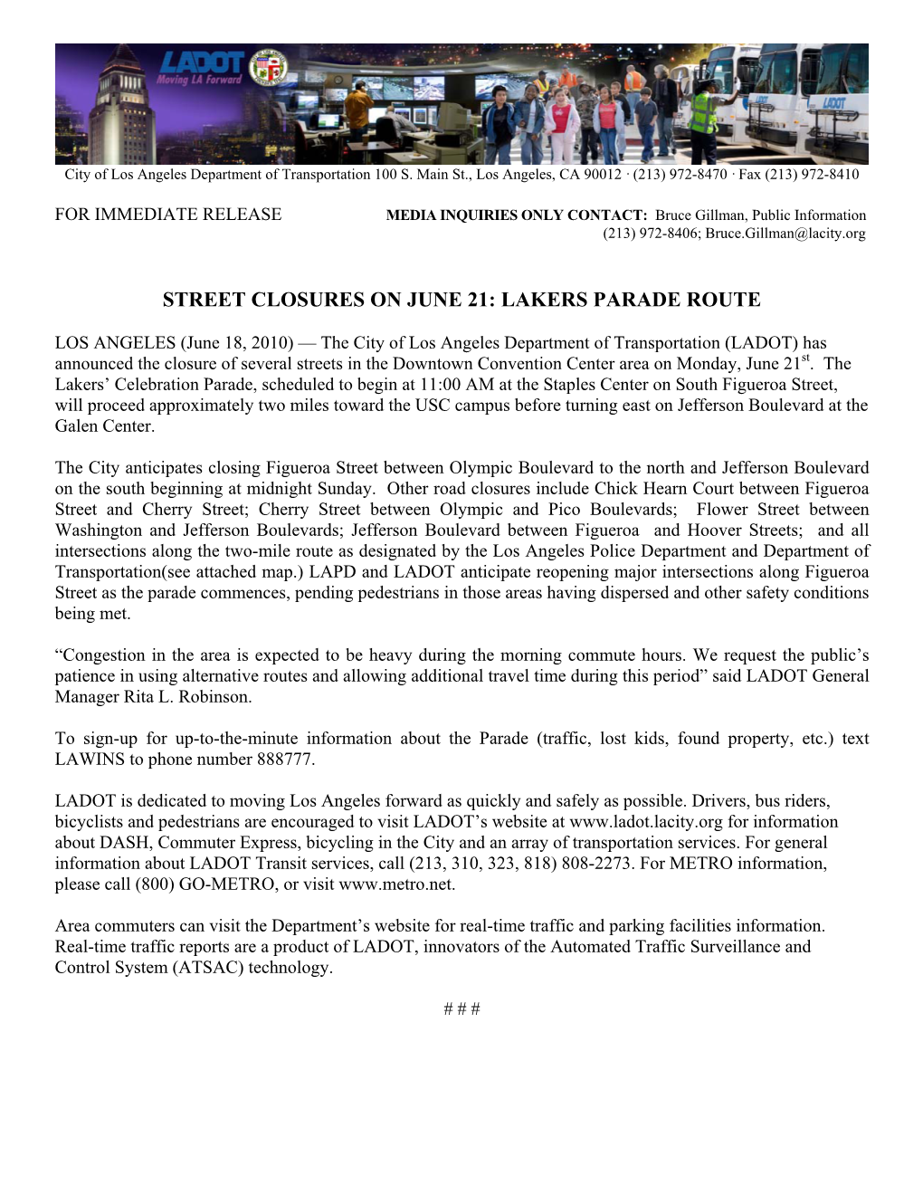 Street Closures on June 21: Lakers Parade Route