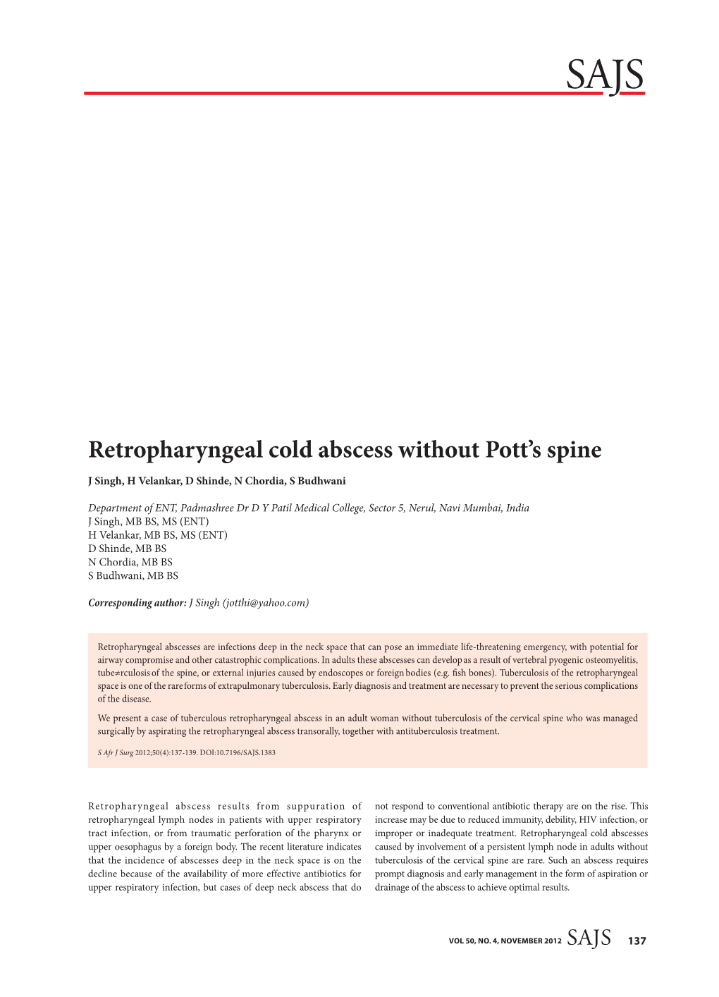 Retropharyngeal Cold Abscess Without Pott's Spine