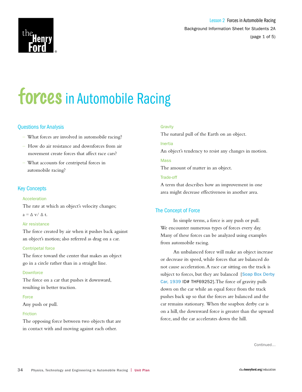 Forces in Automobile Racing Background Information Sheet for Students 2A (Page 1 of 5)