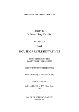 Index to Parliamentary Debates HOUSE of REPRESENTATIVES