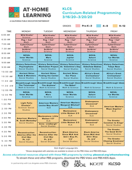 KLCS Curriculum-Related Programming 3/16/20–3/20/20