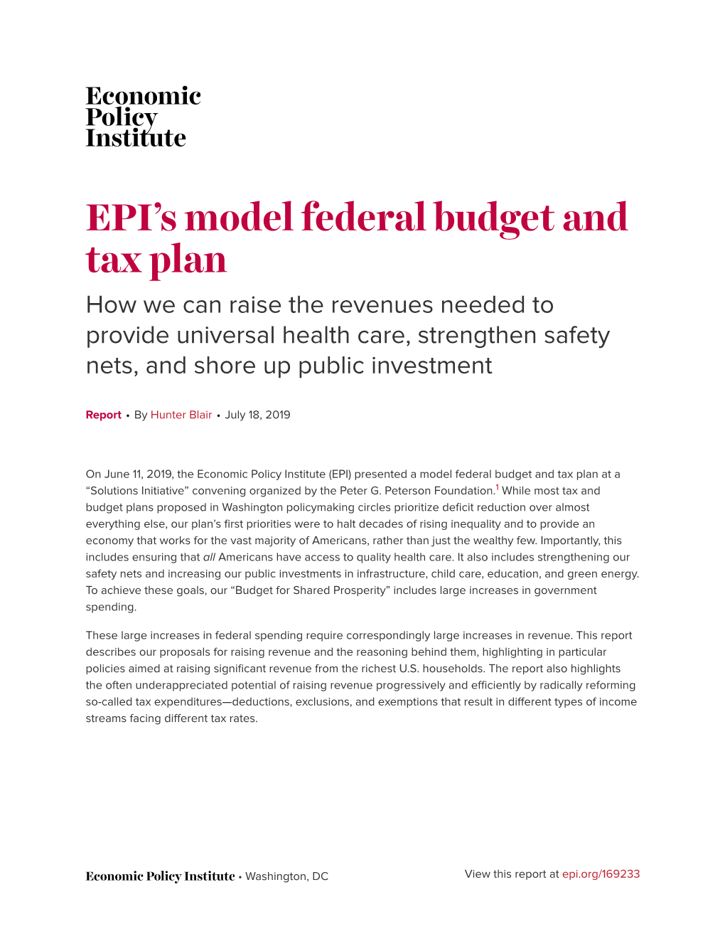 EPI's Model Federal Budget and Tax Plan