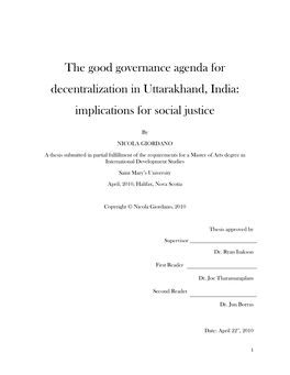 The Good Governance Agenda for Decentralization in Uttarakhand, India: Implications for Social Justice