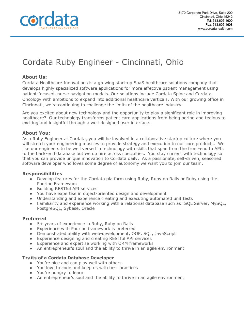 Cordata Ruby Engineer Cincinnati, Ohio