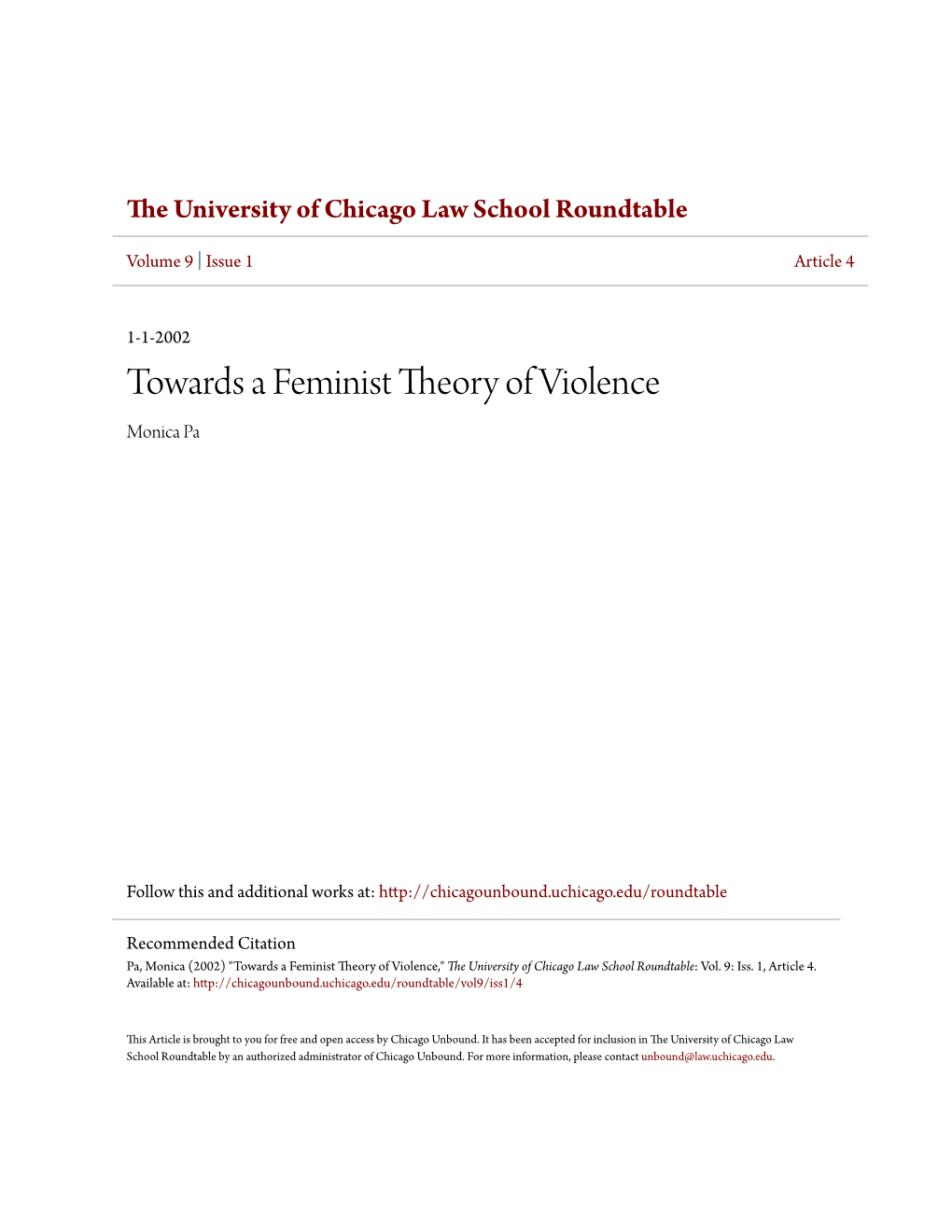 Towards a Feminist Theory of Violence Monica Pa