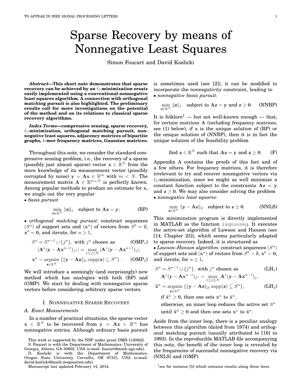Sparse Recovery by Means of Nonnegative Least Squares Simon Foucart and David Koslicki