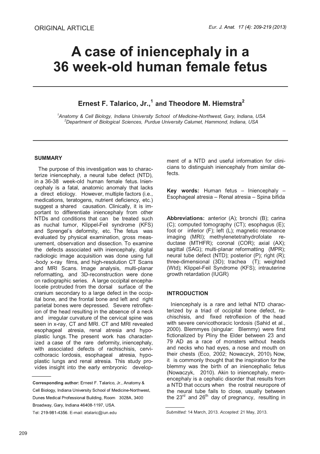 A Case of Iniencephaly in a 36 Week-Old Human Female Fetus