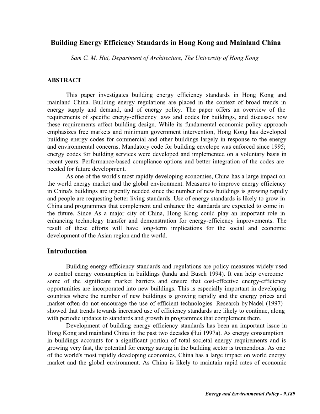 Building Energy Efficiency Standards in Hong Kong and Mainland China