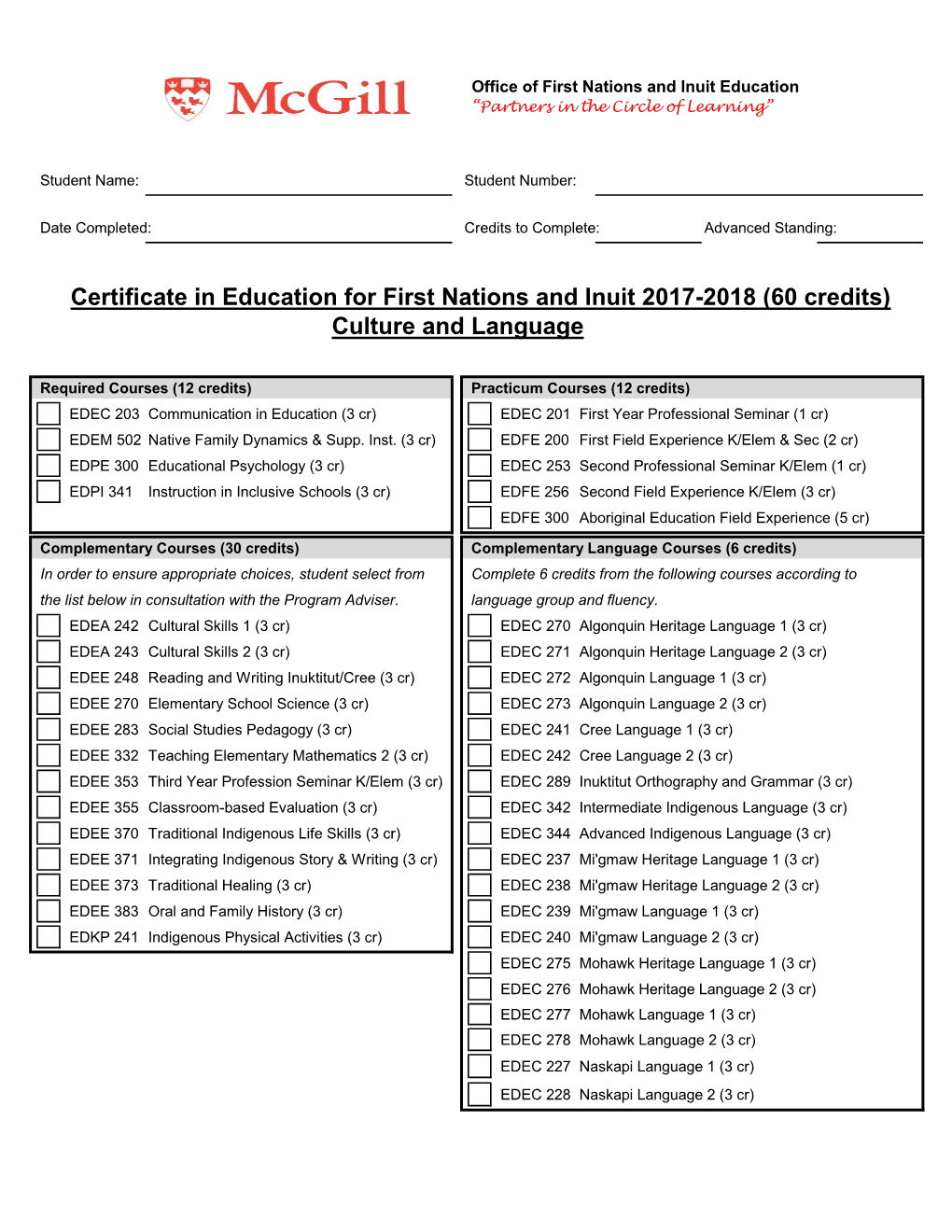 Certificate in Education for First Nations and Inuit 2017-2018 (60 Credits) Culture and Language