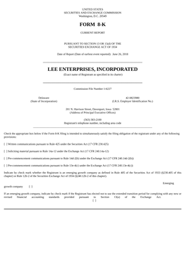 Form 8-K Lee Enterprises, Incorporated