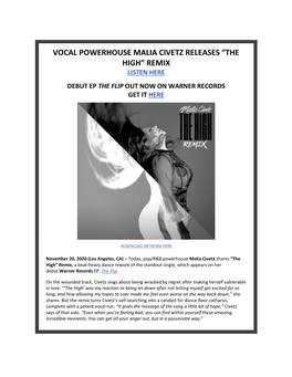 Vocal Powerhouse Malia Civetz Releases “The High” Remix Listen Here