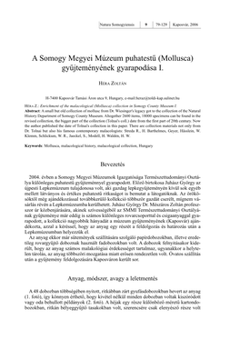 A Somogy Megyei Múzeum Puhatestű (Mollusca) Gyűjteményének Gyarapodása I