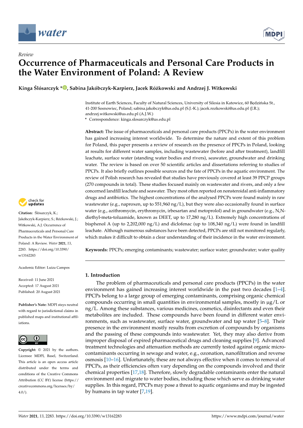 Occurrence of Pharmaceuticals and Personal Care Products in the Water Environment of Poland: a Review