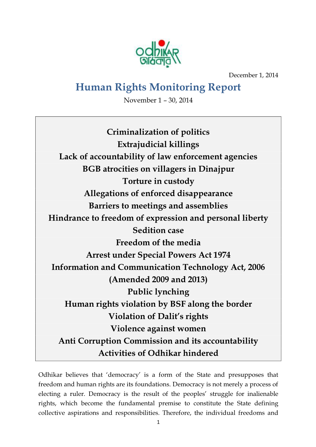 Human Rights Monitoring Report November 1 – 30, 2014