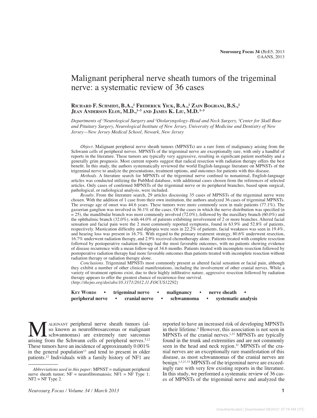 Malignant Peripheral Nerve Sheath Tumors of the Trigeminal Nerve: a Systematic Review of 36 Cases