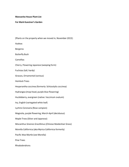 Manzanita House Plant List for Mark Kuestner's Garden [Plants on the Property When We Moved In, November 2015]