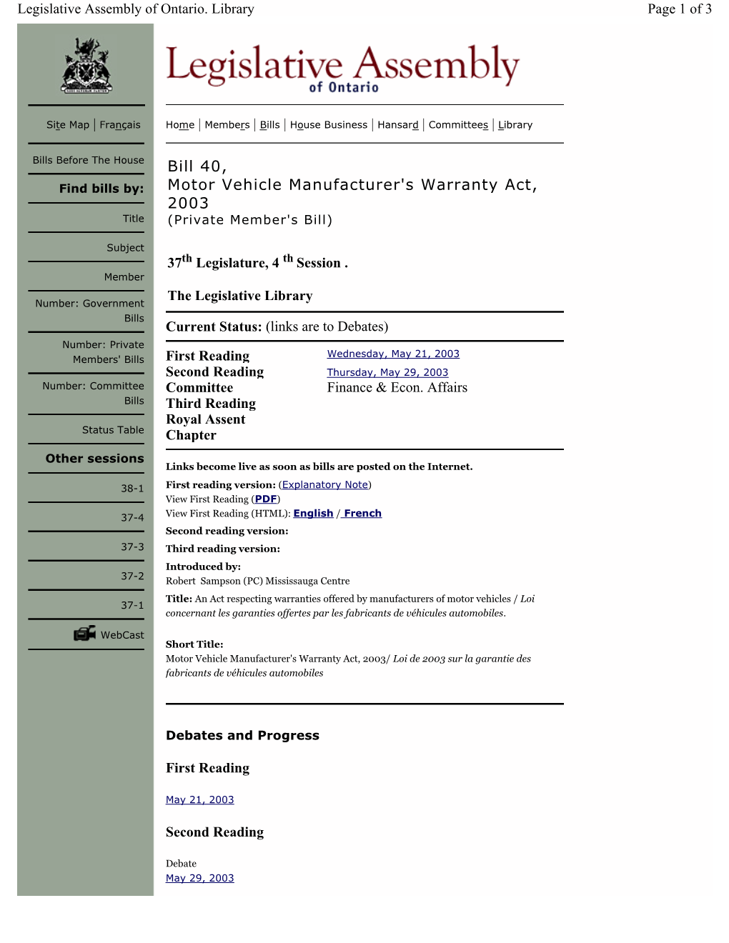 Bill 40, Motor Vehicle Manufacturer's Warranty Act, 2003