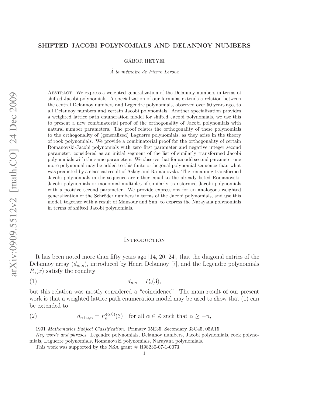 Shifted Jacobi Polynomials and Delannoy Numbers 3