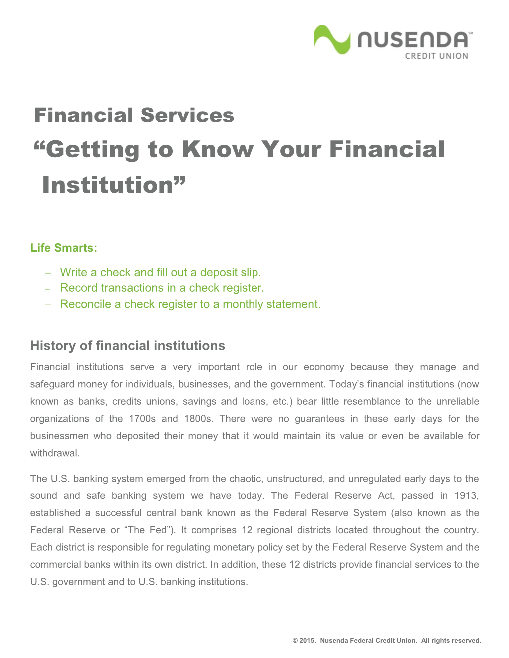 “Getting to Know Your Financial Institution”