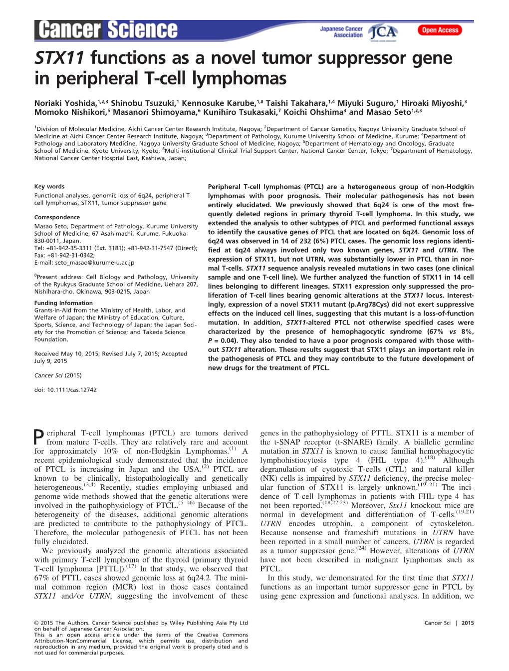 STX11 Functions As a Novel Tumor Suppressor Gene in Peripheral T&