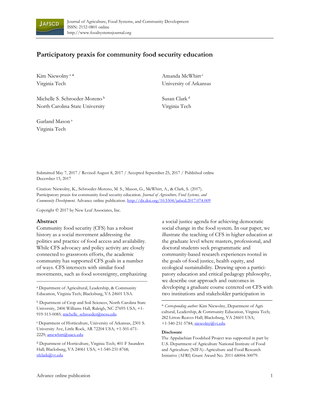 Participatory Praxis for Community Food Security Education