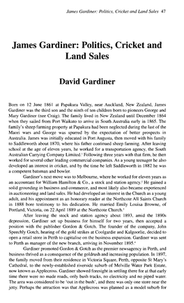 James Gardiner: Politics, Cricket and Land Sales 47