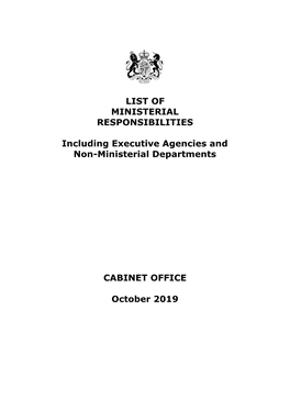 List of Ministerial Responsibilities Including Executive Agencies and Non-Ministerial Departments