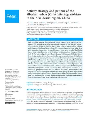 Activity Strategy and Pattern of the Siberian Jerboa (Orientallactaga Sibirica) in the Alxa Desert Region, China