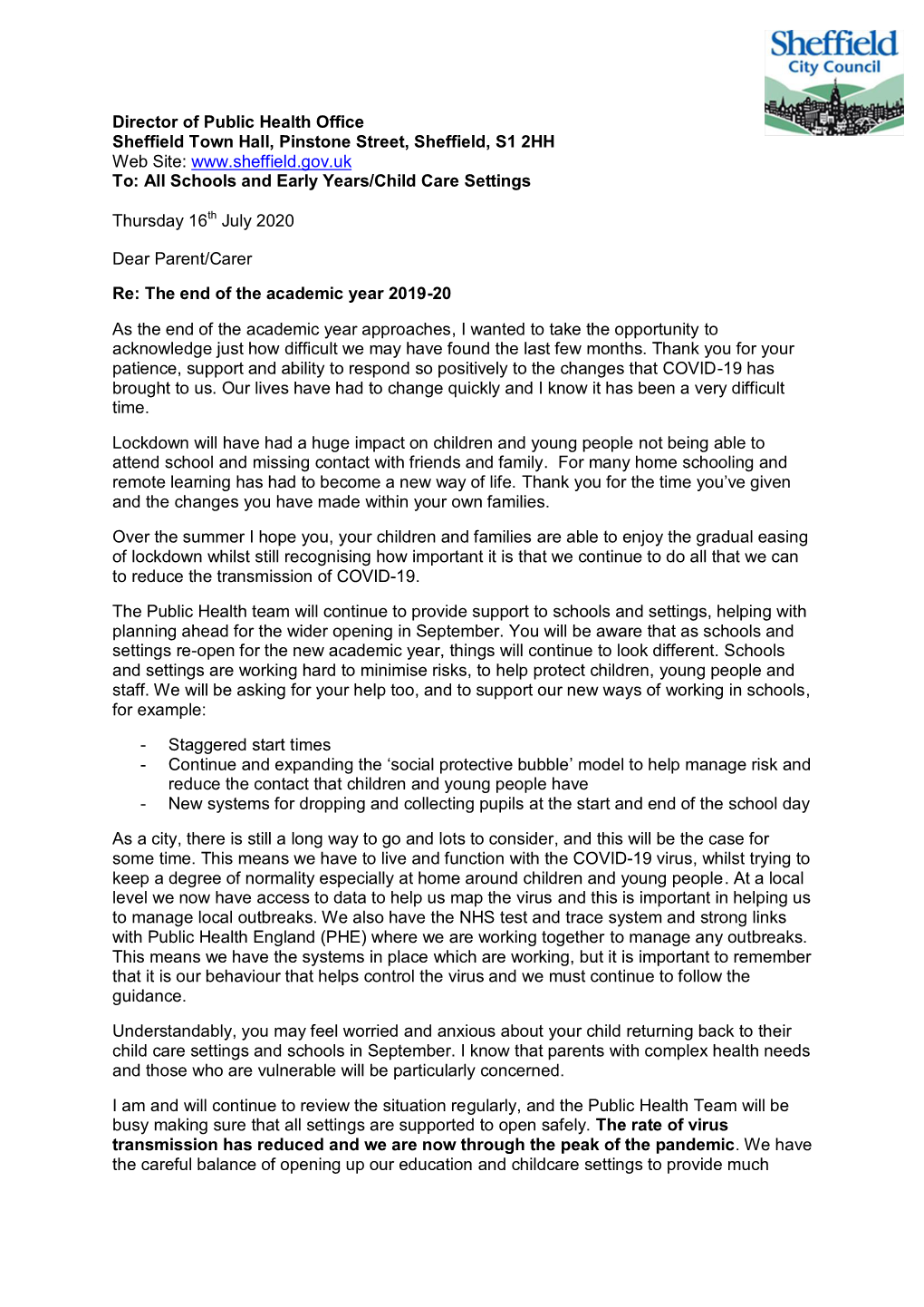 Letter to Parents July 2020 Greg Fell Director of Public Health
