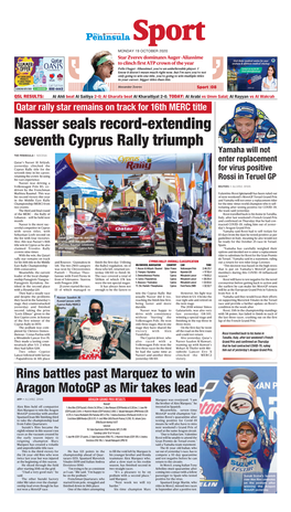 Nasser Seals Record-Extending Seventh Cyprus Rally Triumph Yamaha Will Not the PENINSULA— NOCOSIA