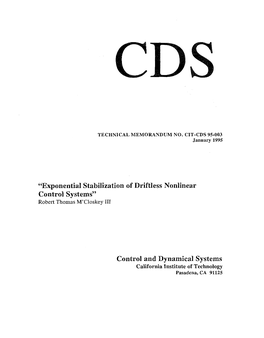 Exponential Stabilization of Driftless Nonlinear Control Systems" Robert Thomas M'closkey I11